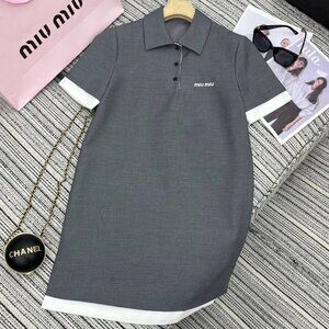 MIU MIU Gray dotted collar silk short-sleeved dress